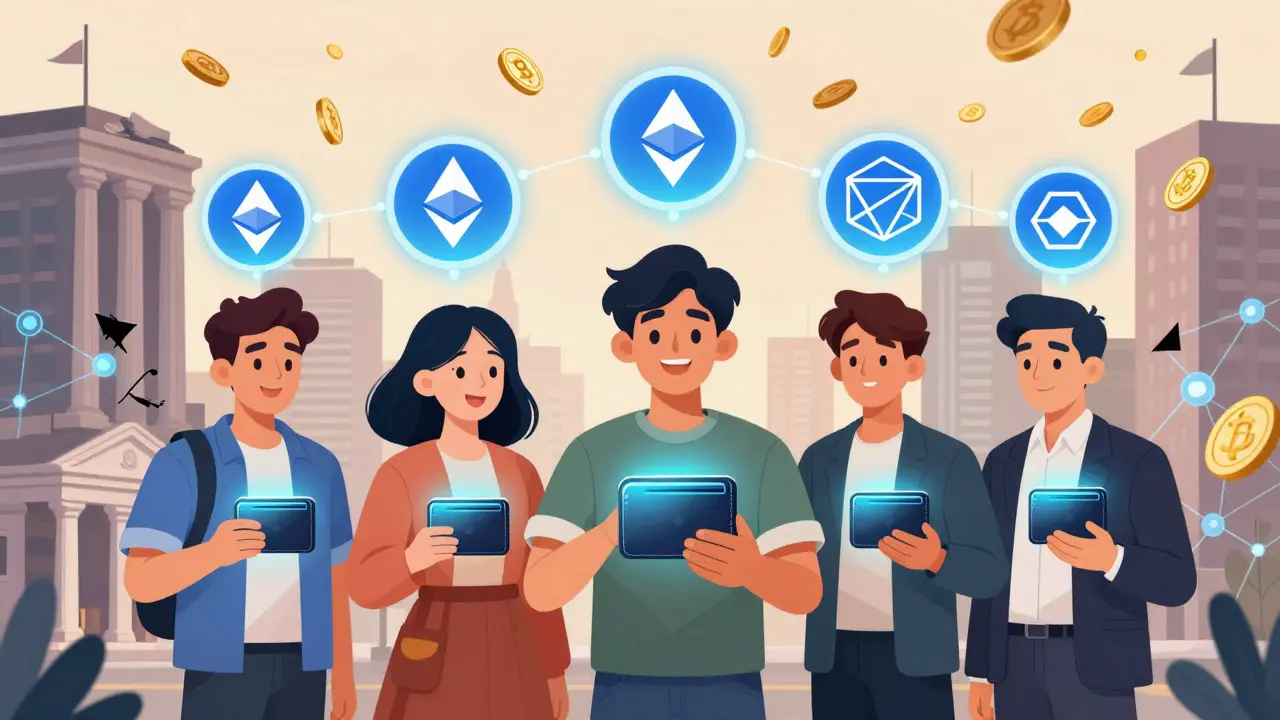 Diverse users hold glowing crypto wallets connected to multiple blockchains, with digital assets floating around them.