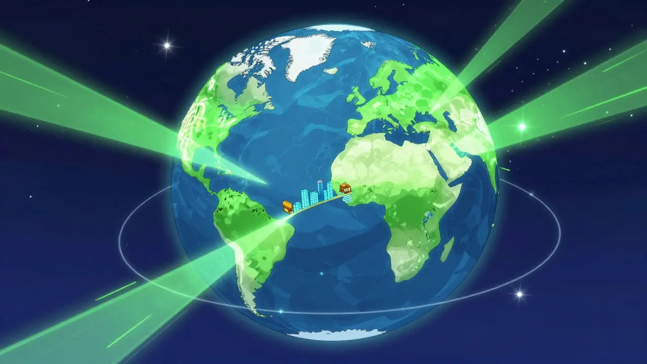 Global network sharing green energy beams across continents at night.