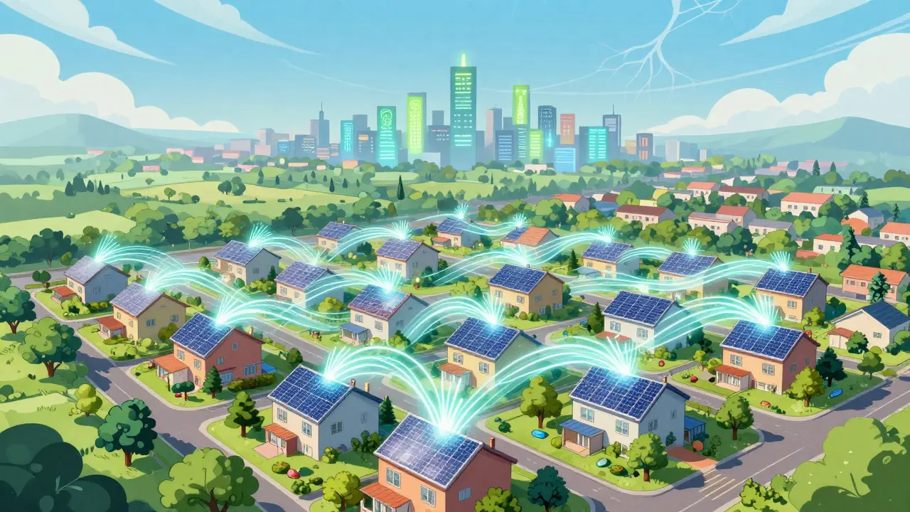 Green city homes trading energy through digital network connections.