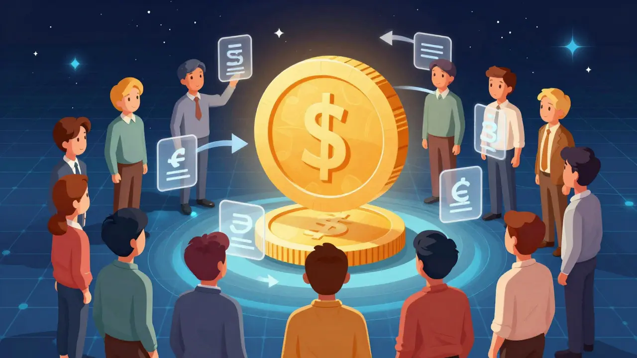 Group of avatars gathering around floating coin with ballots and currency arrows.