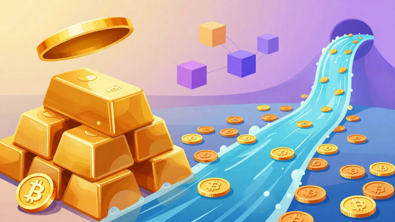Illustration comparing finite gold stack with infinite flowing coin stream