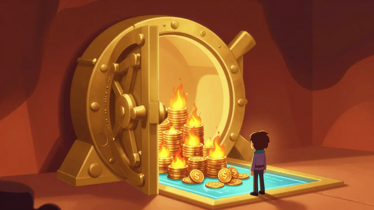 Illustration of a golden vault with burning tokens and a digital reward pool.