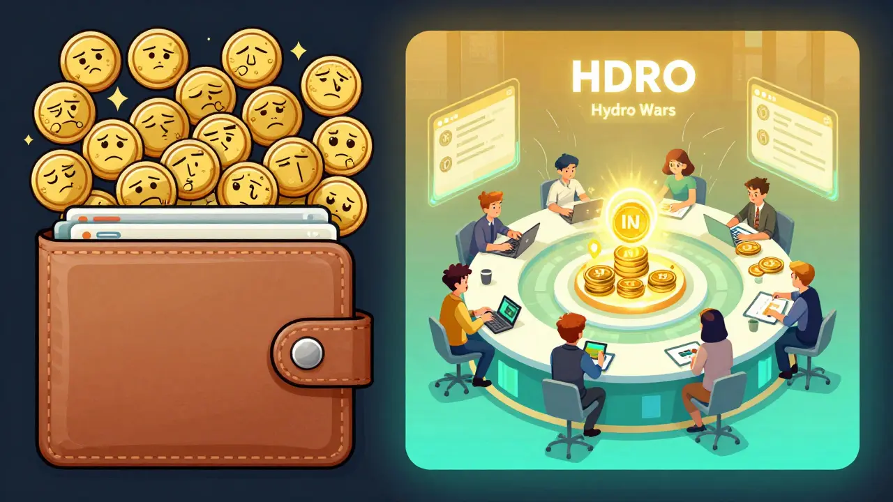 Left: 26,400 wallets holding forgotten HOT tokens; right: a vibrant HDRO staking hub with active users.