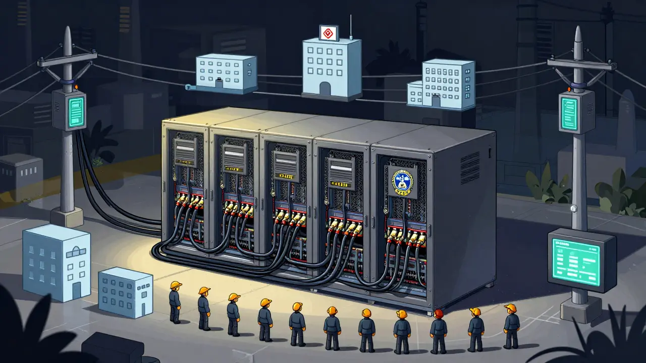 Mining facility with power grid and remote shutdown controls depicted