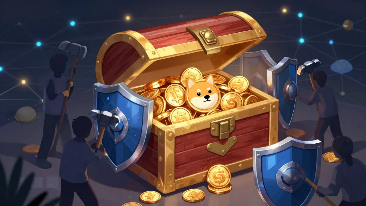 Secure vault with Shiba coins protected by community builder figures