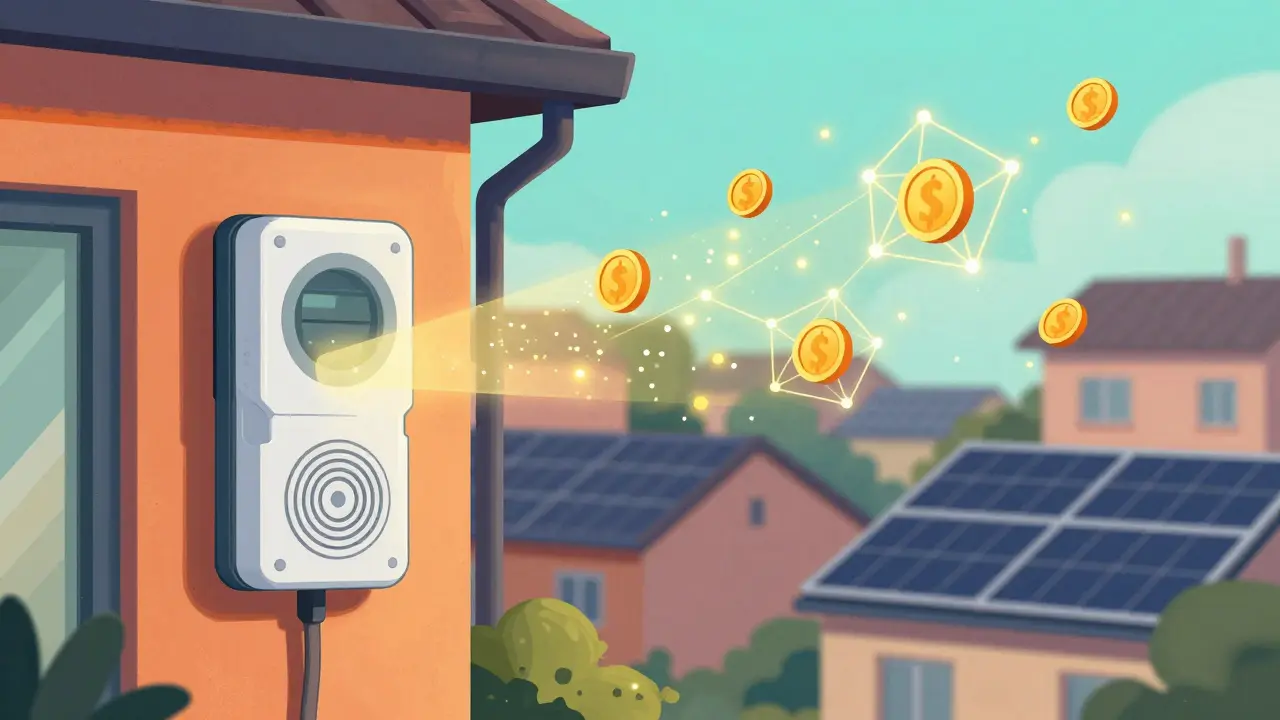 Smart meter connected to blockchain nodes with energy tokens flowing.