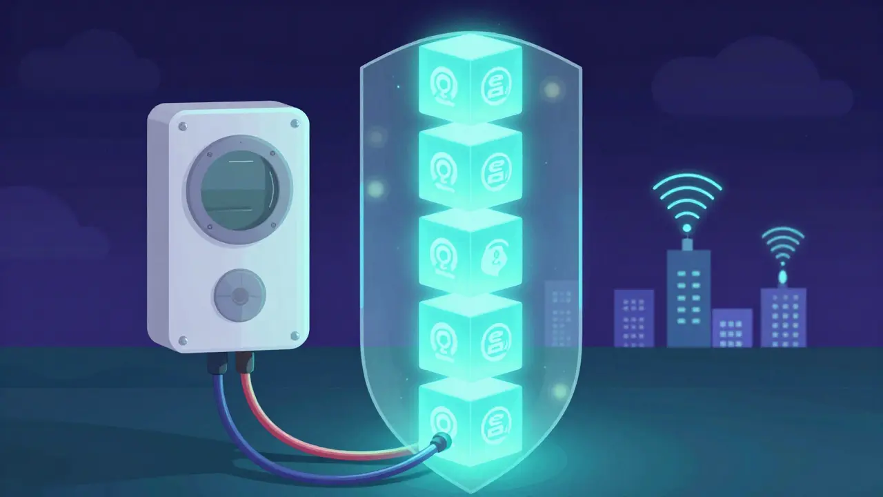 Smart meter connecting to glowing blockchain security blocks.
