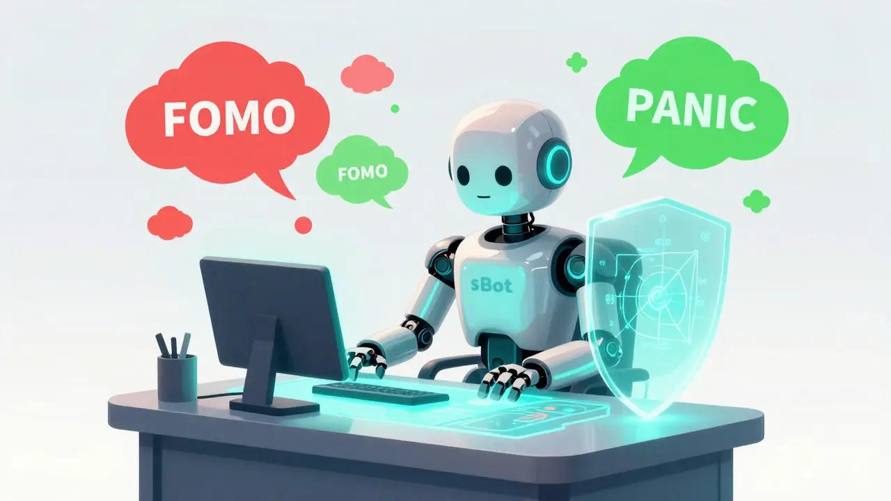 A calm trading robot blocking emotional clouds of panic and FOMO with a shield.