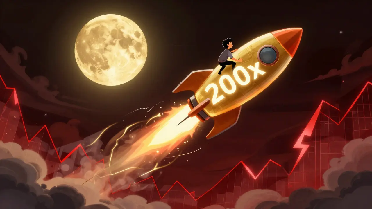 A character on a rocket ship representing high leverage balancing on a thin needle above a storm.