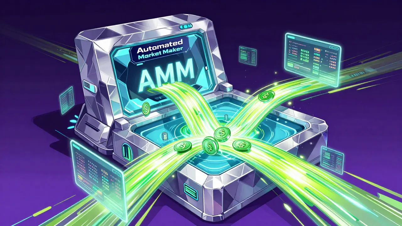 A crystalline AMM structure with glowing currency streams and data oracles.