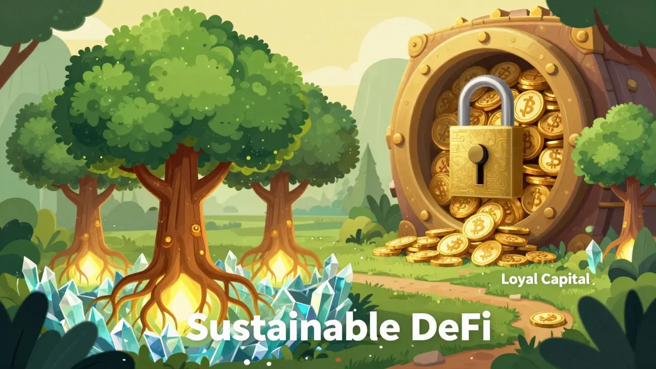 A digital garden with rooted token trees and a secure vault symbolizing sustainable DeFi.