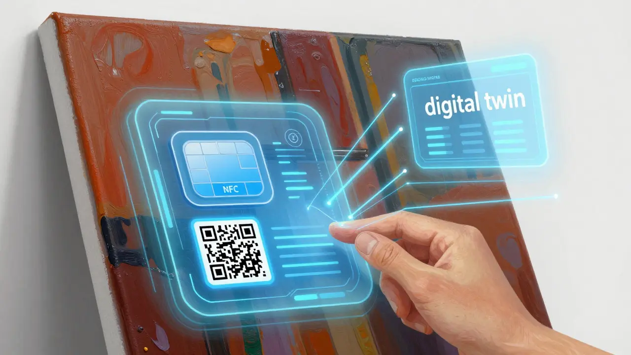 A digital interface showing a blockchain link to a physical painting via NFC and QR codes.