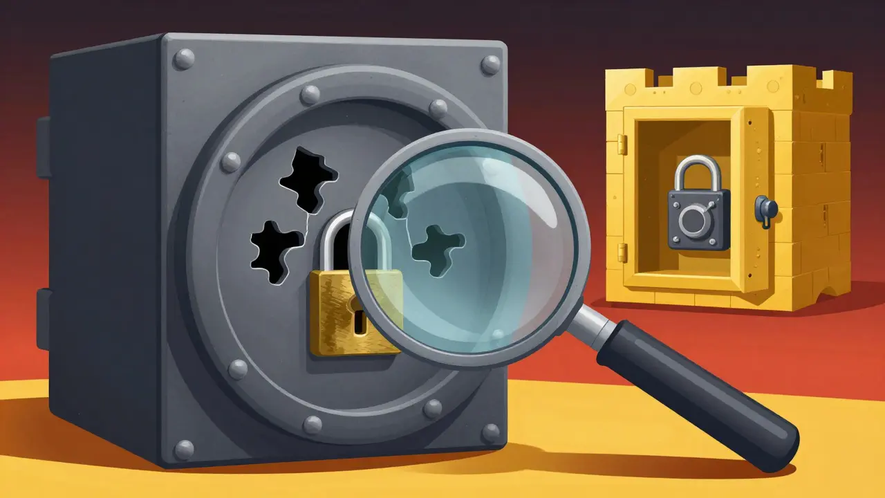 A digital vault with missing lock pieces being inspected by a magnifying glass.