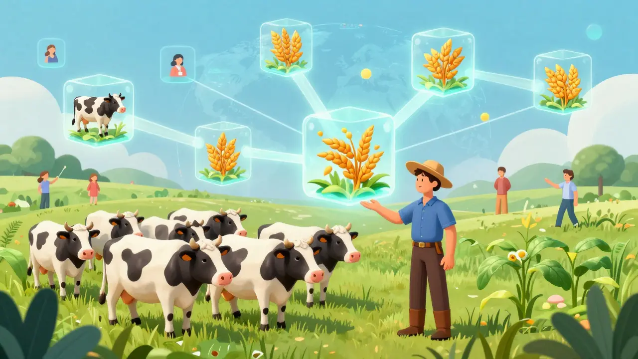 A farmer converting livestock and crops into digital tokens for global investment.