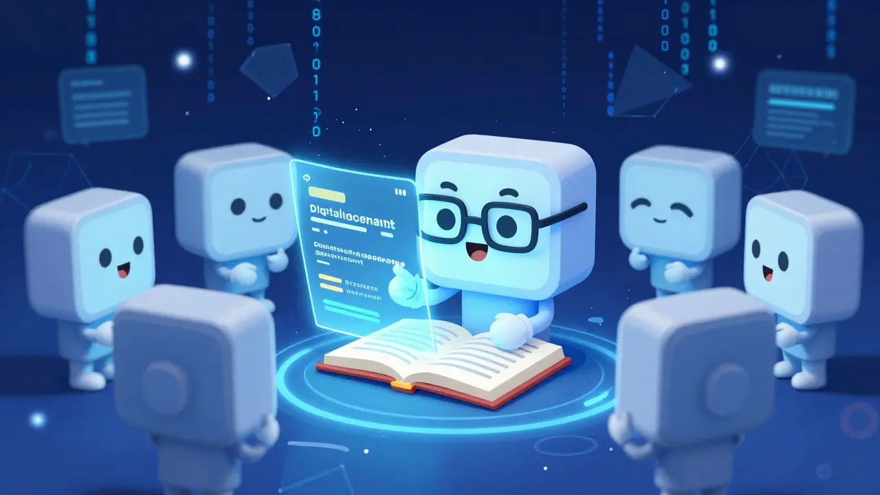 A friendly computer character acting as a digital accountant verifying a holographic ledger of transactions.