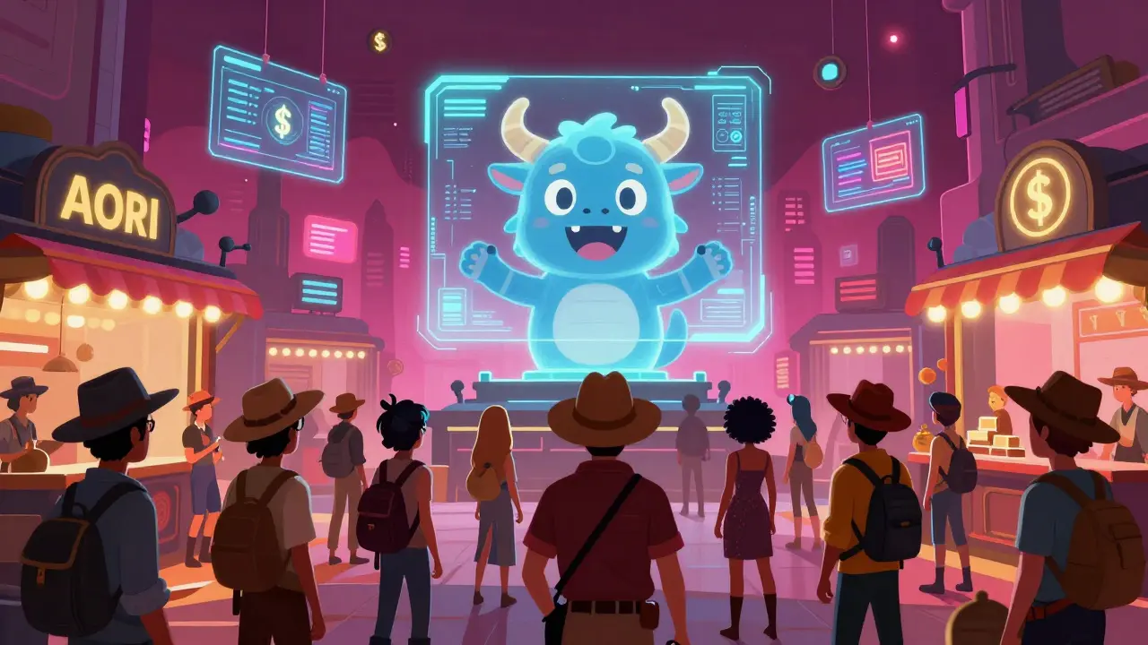 A futuristic digital marketplace with a holographic Bufficorn mascot attracting a crowd.