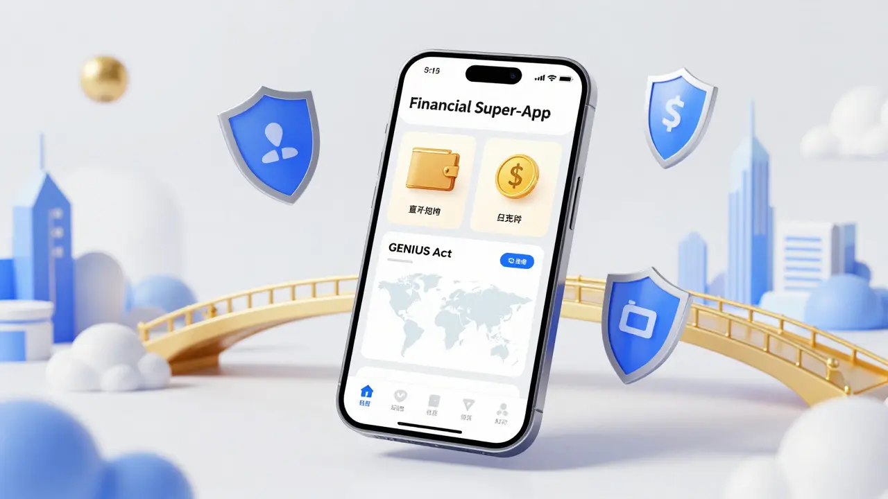 A futuristic financial super-app interface displaying digital assets and global payments.