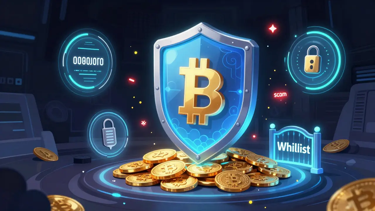 A futuristic hardware wallet acting as a shield with various security layers protecting crypto assets.