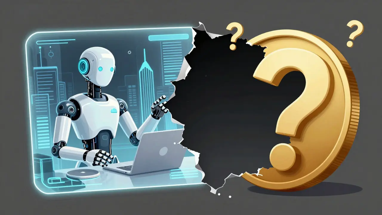 A holographic AI robot facade peeling away to reveal an empty void behind it.