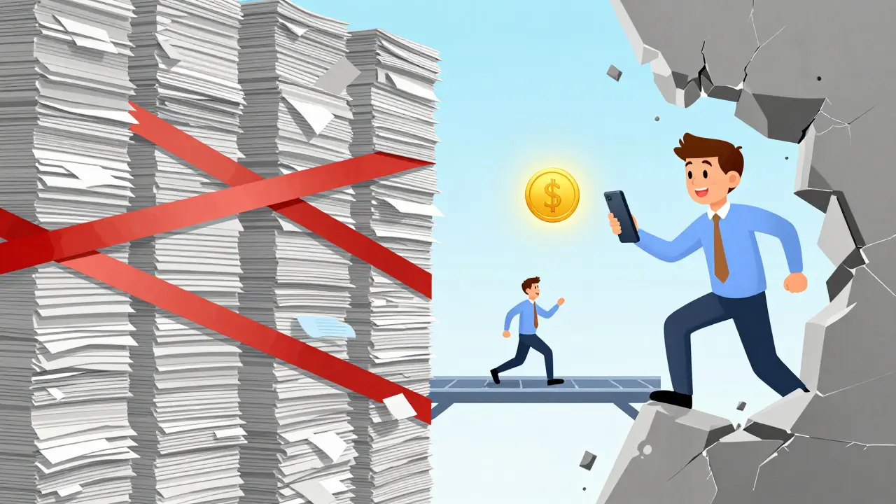 A person breaking through a wall of bureaucracy using a digital cryptocurrency wallet.