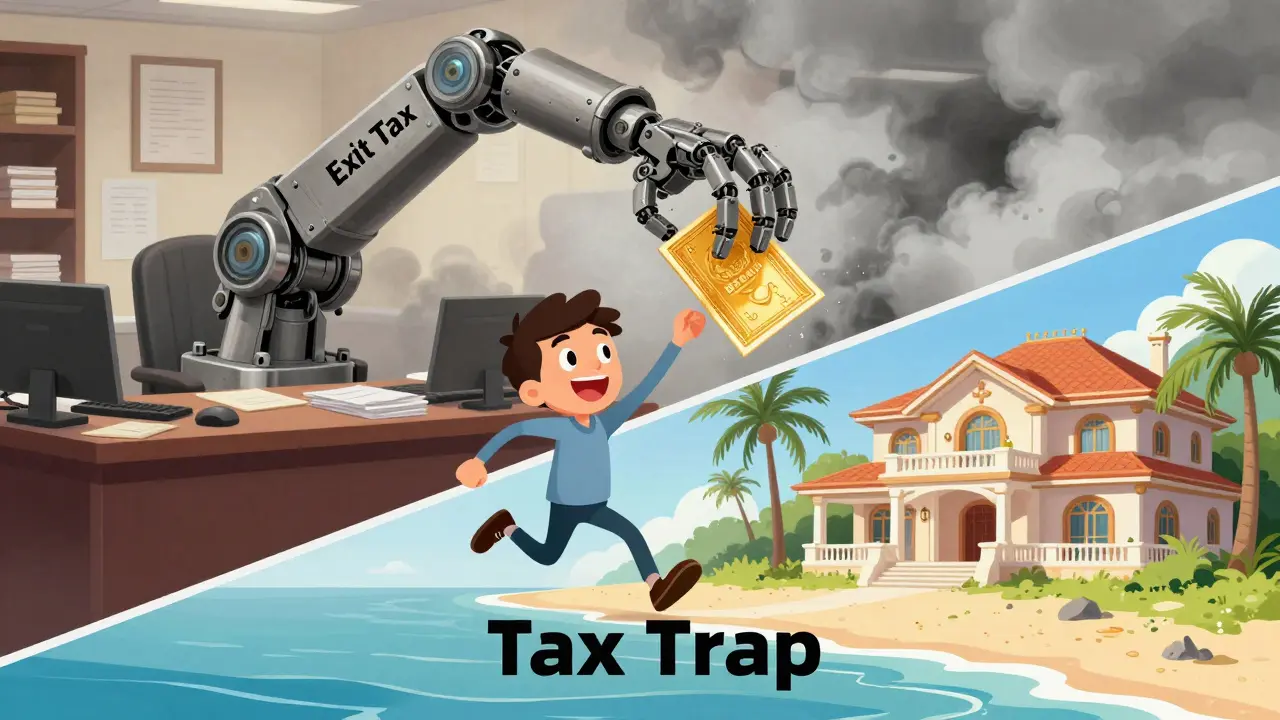 A person entering a sunny paradise while a mechanical arm representing exit taxes reaches for their assets.