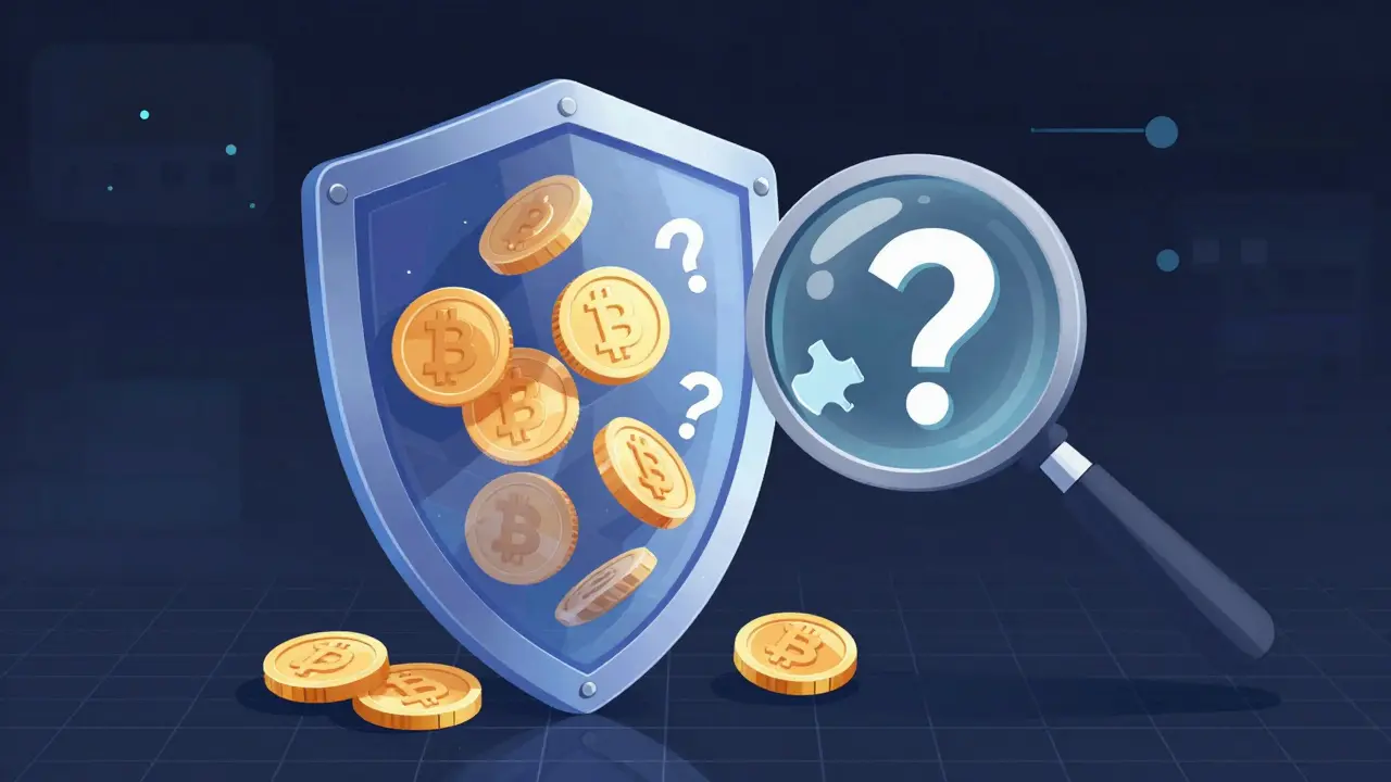 A shimmering digital shield protecting coins with a magnifying glass highlighting gaps.