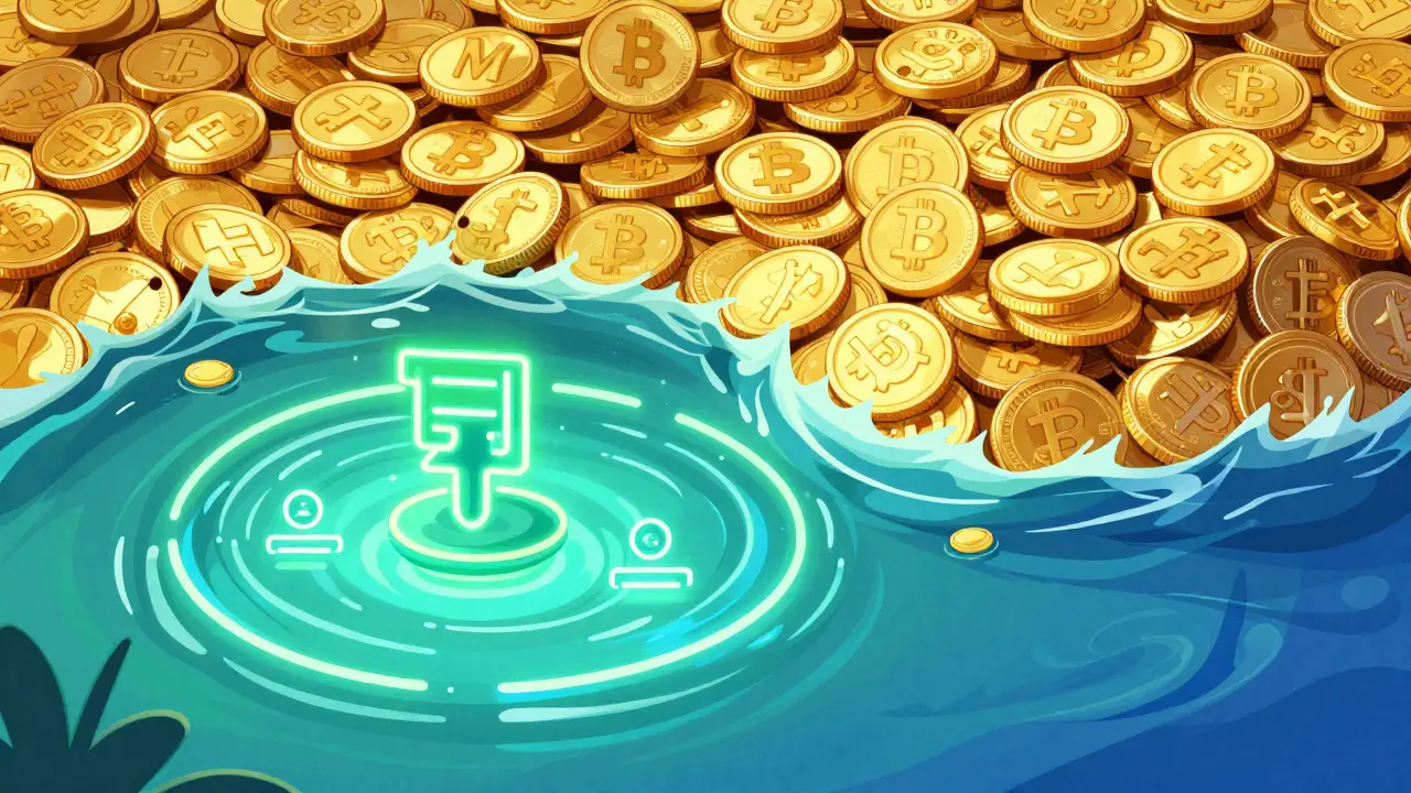 A small neon pond of coins next to a massive golden ocean of digital assets.