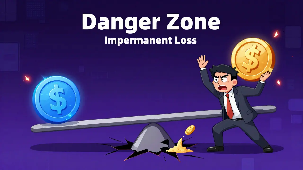 A stressed investor with a tipping digital scale representing impermanent loss.