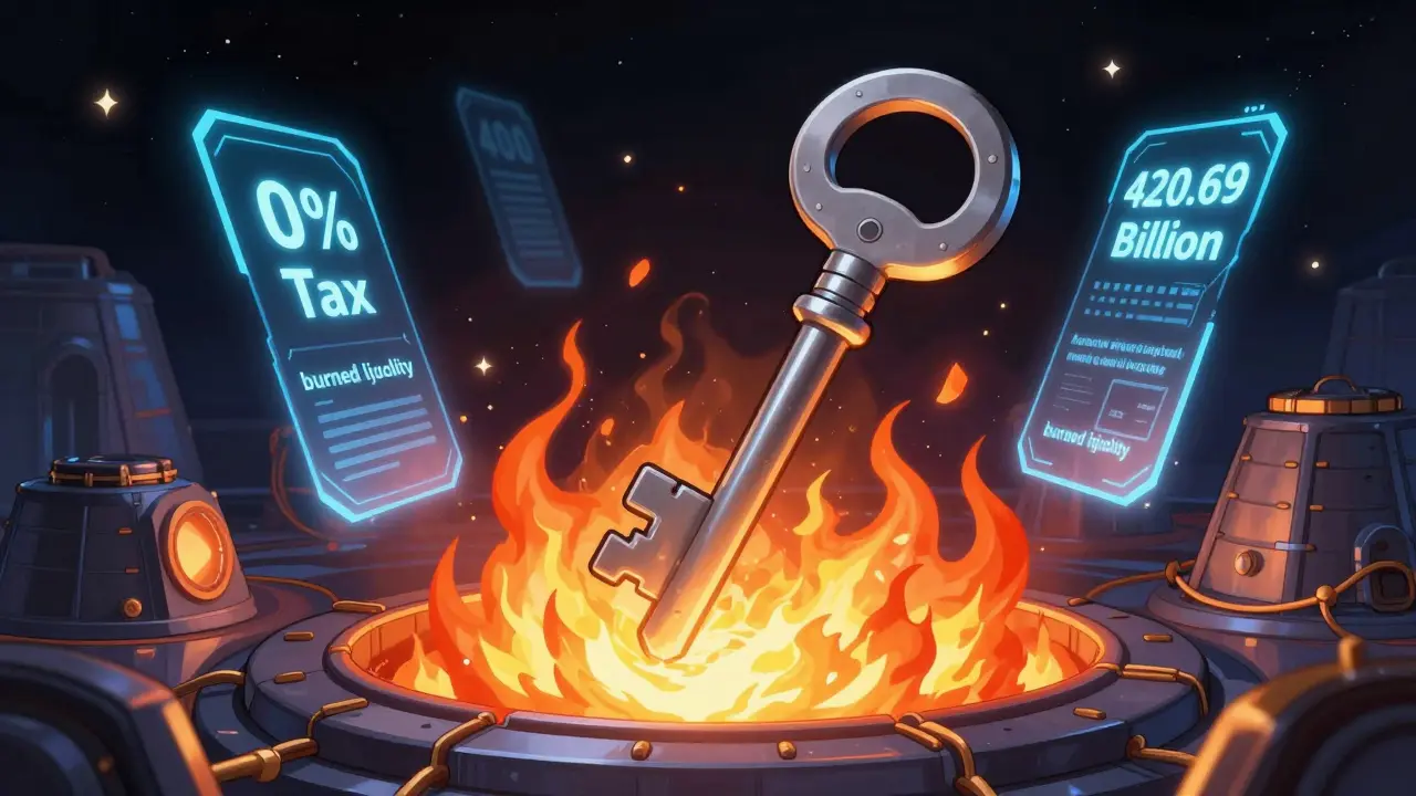A stylized digital key being burned in a glowing pit to symbolize secure liquidity.