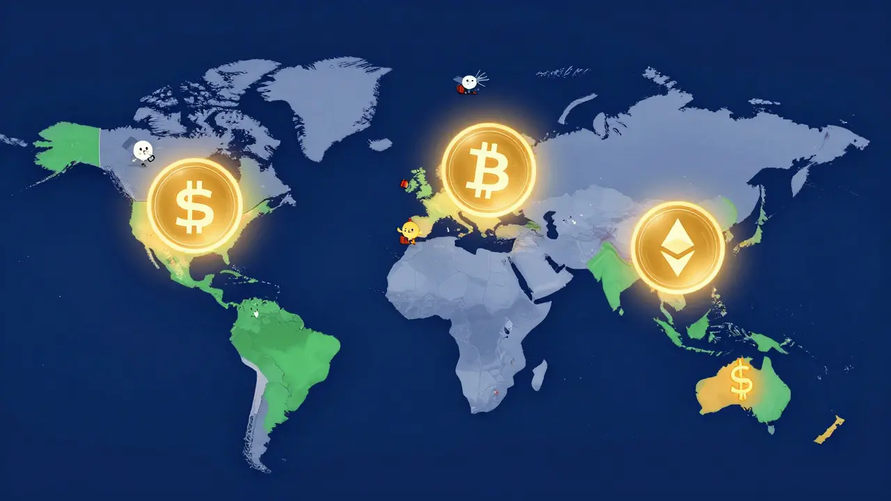 A stylized map showing people migrating toward golden crypto-friendly hubs in Dubai, Portugal, and Germany.