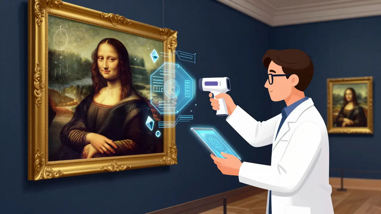 An art expert using a high-tech scanner and blockchain data to verify a classic painting.