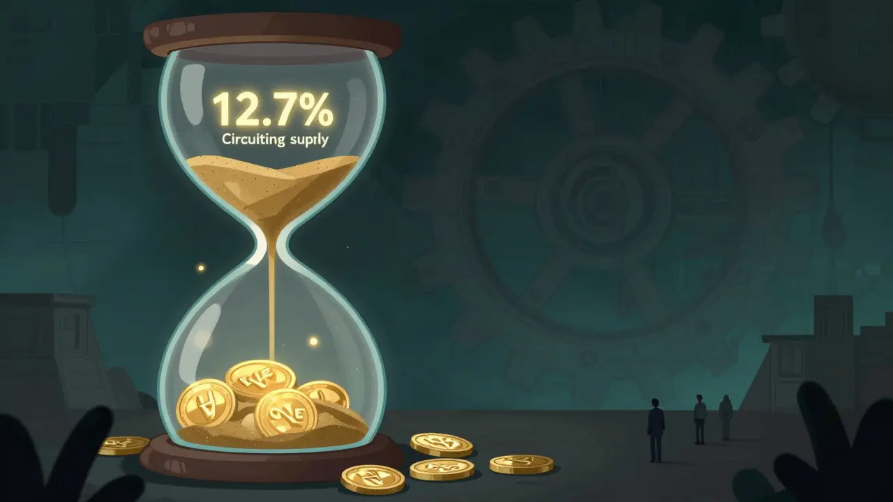 An hourglass filled with glowing tokens illustrating low circulating supply and locked assets.