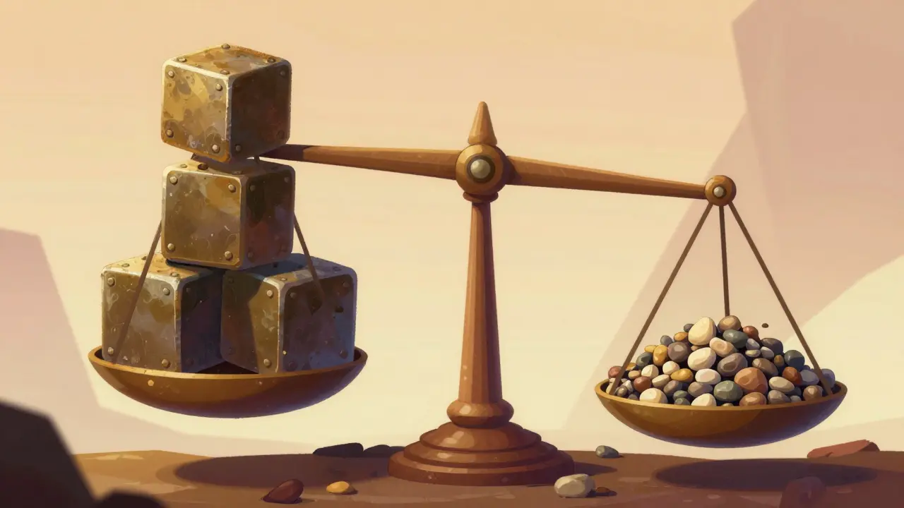 Balance scale showing equal weight between few blocks and many pebbles