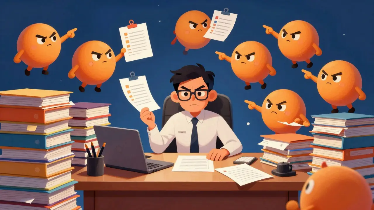 Cartoon entrepreneur overwhelmed by stacks of provincial regulatory paperwork.