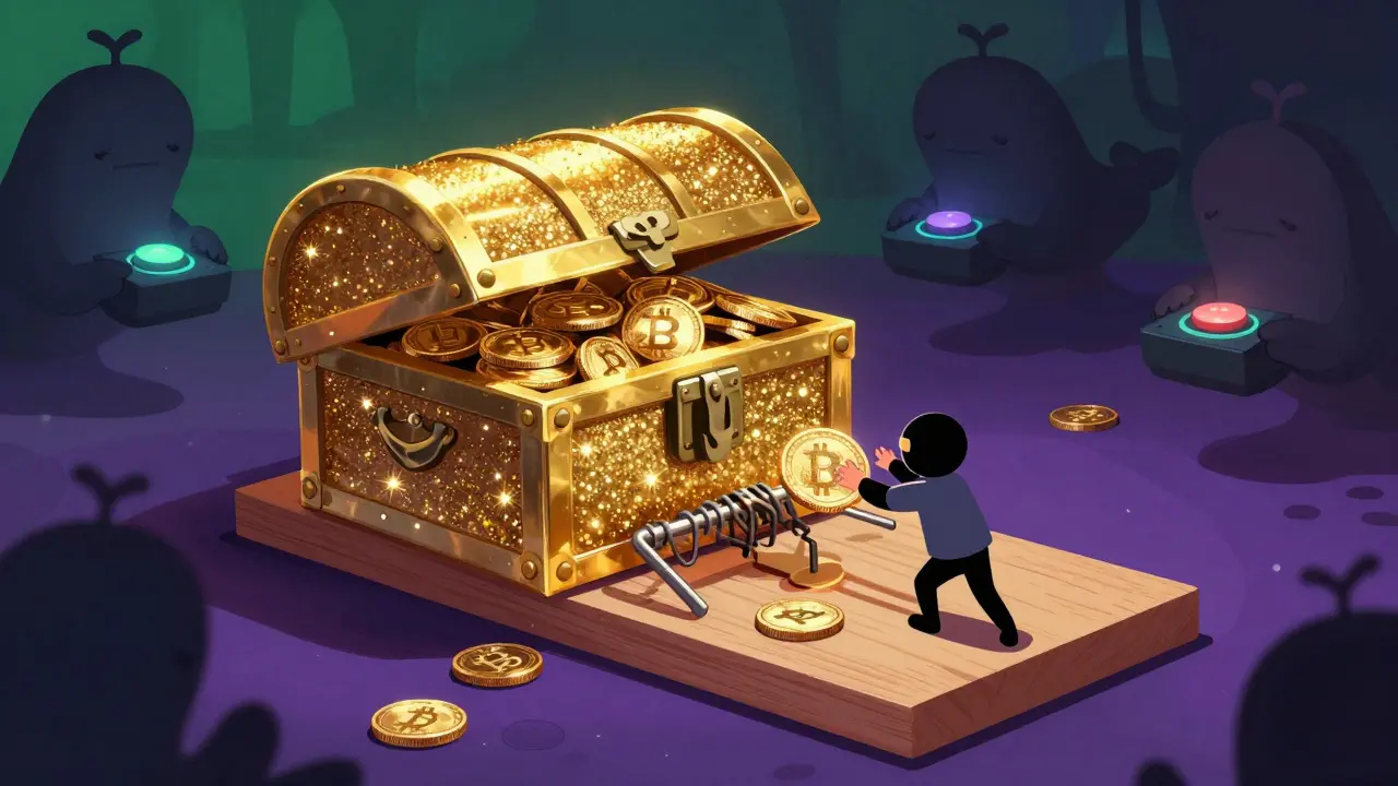 Cartoon of a glittering treasure chest acting as a trap for a crypto investor