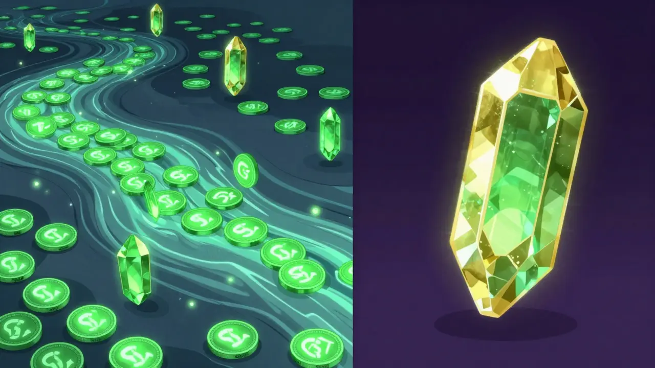 Comparison between a flow of many small GST tokens and one large GMT crystal