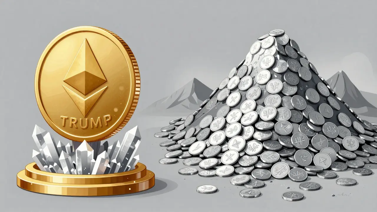 Comparison between a single gold $TRUMP coin and a massive pile of silver Dao coins.