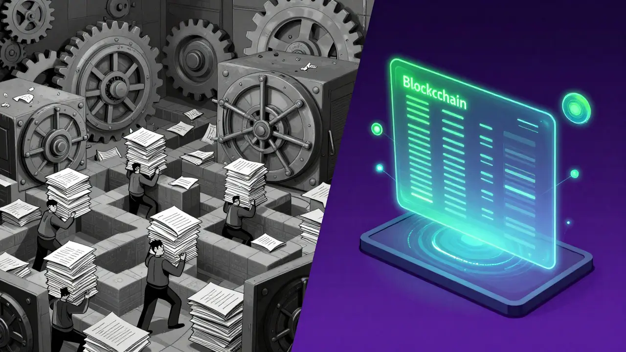 Comparison between a slow, gray traditional bank and a fast, neon blockchain network.