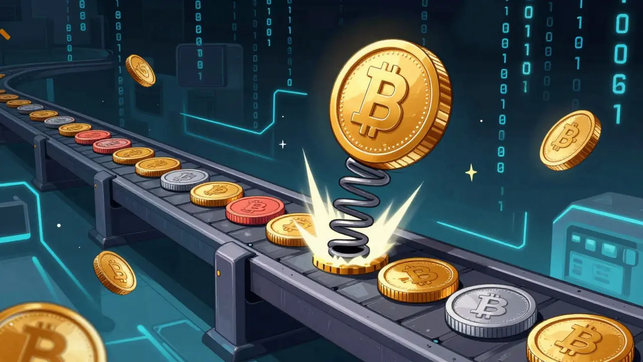 Concept art of a meme coin launching rapidly on a digital conveyor belt