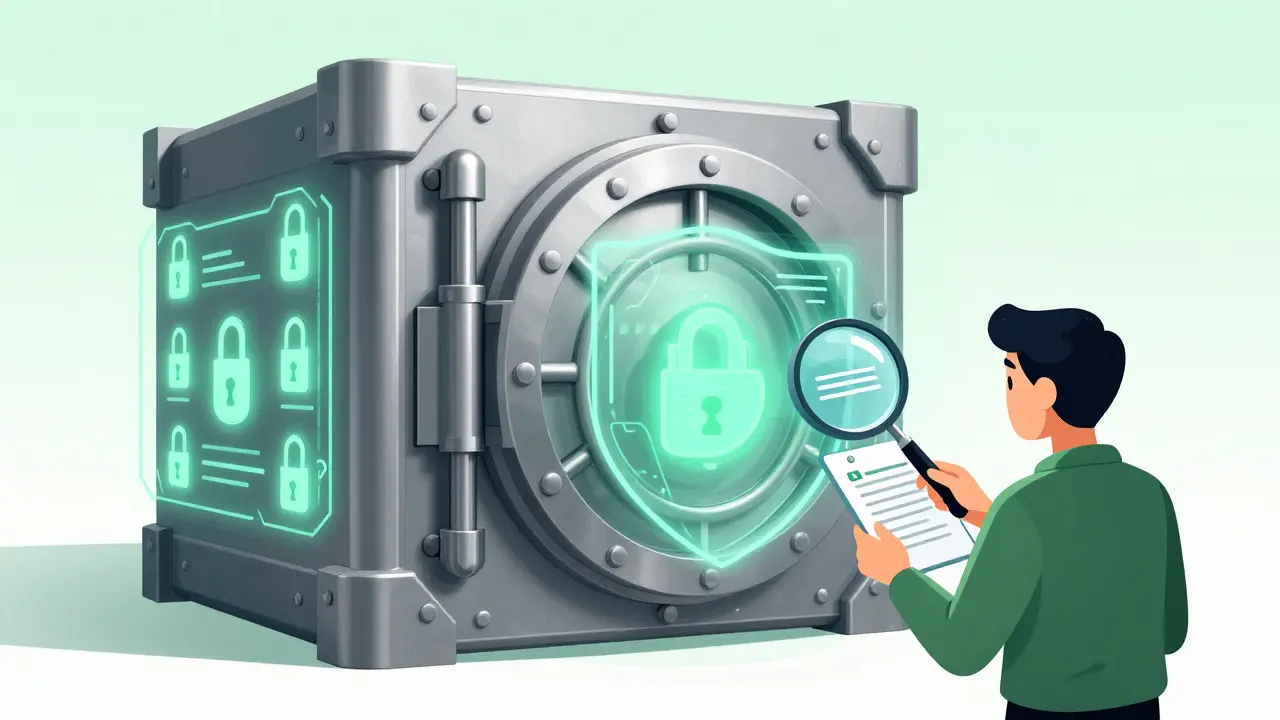 Concept art of a secure hardware wallet vault and a user verifying a URL with a magnifying glass.