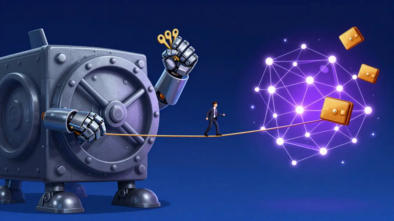 Conceptual illustration of the difference between a centralized vault and a decentralized network.