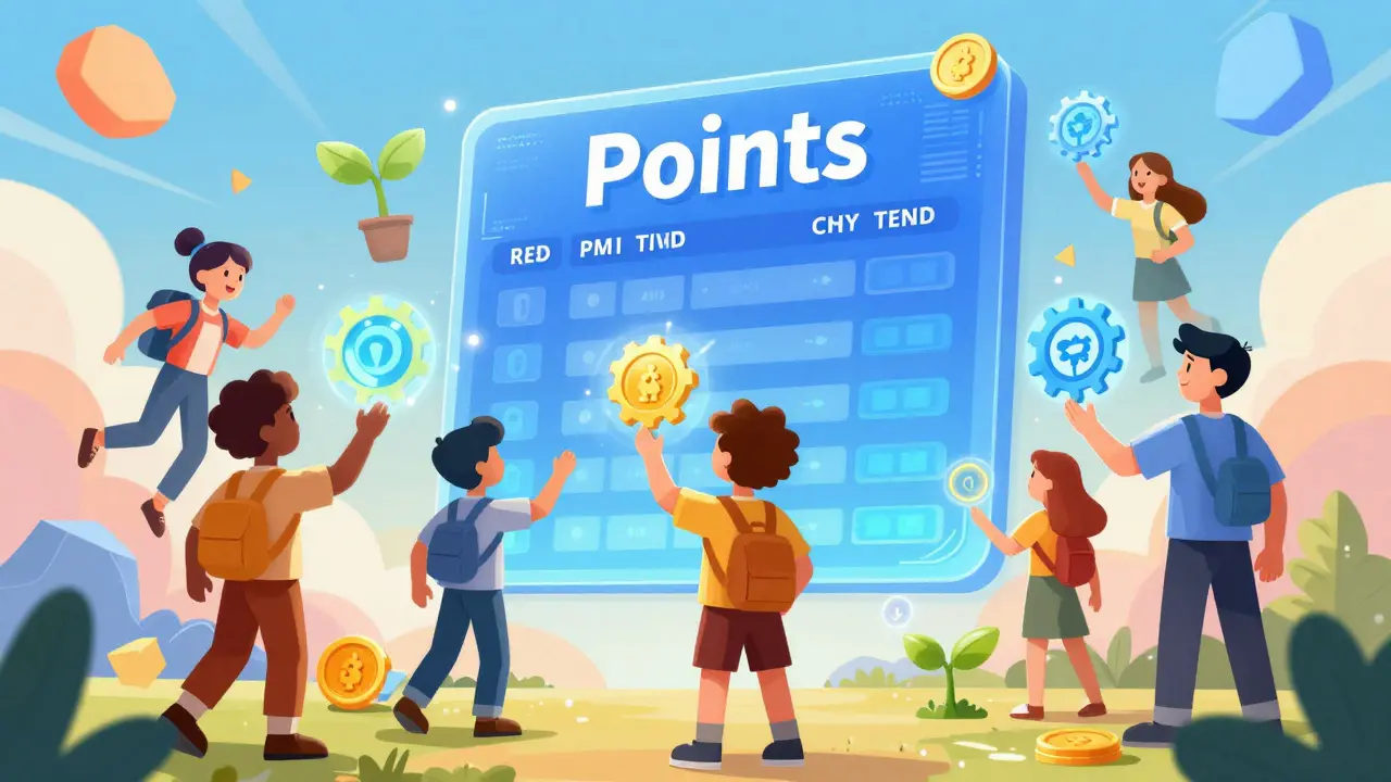 Digital avatars interacting with a floating holographic points leaderboard and tokens.