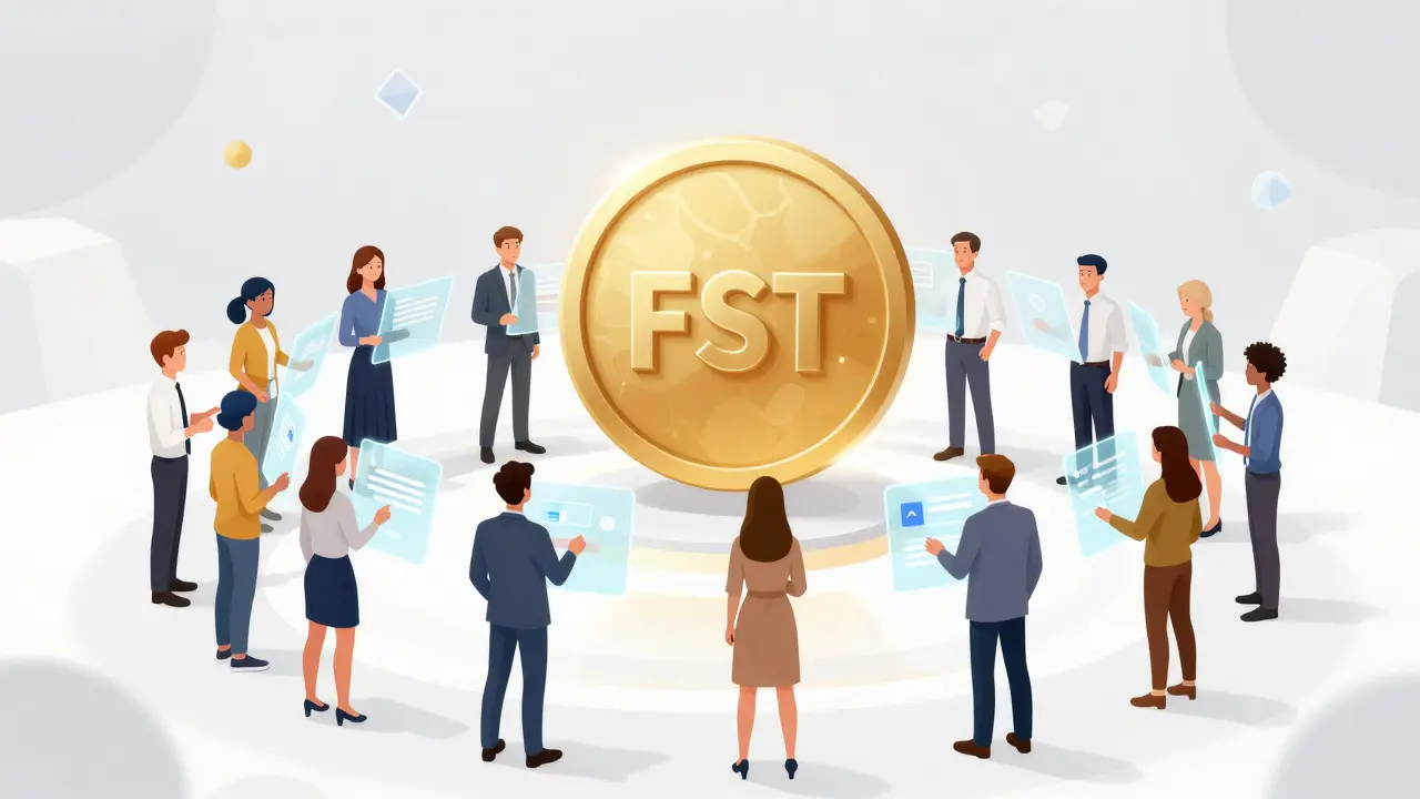 Digital avatars voting around a large glowing FST token in a futuristic council.