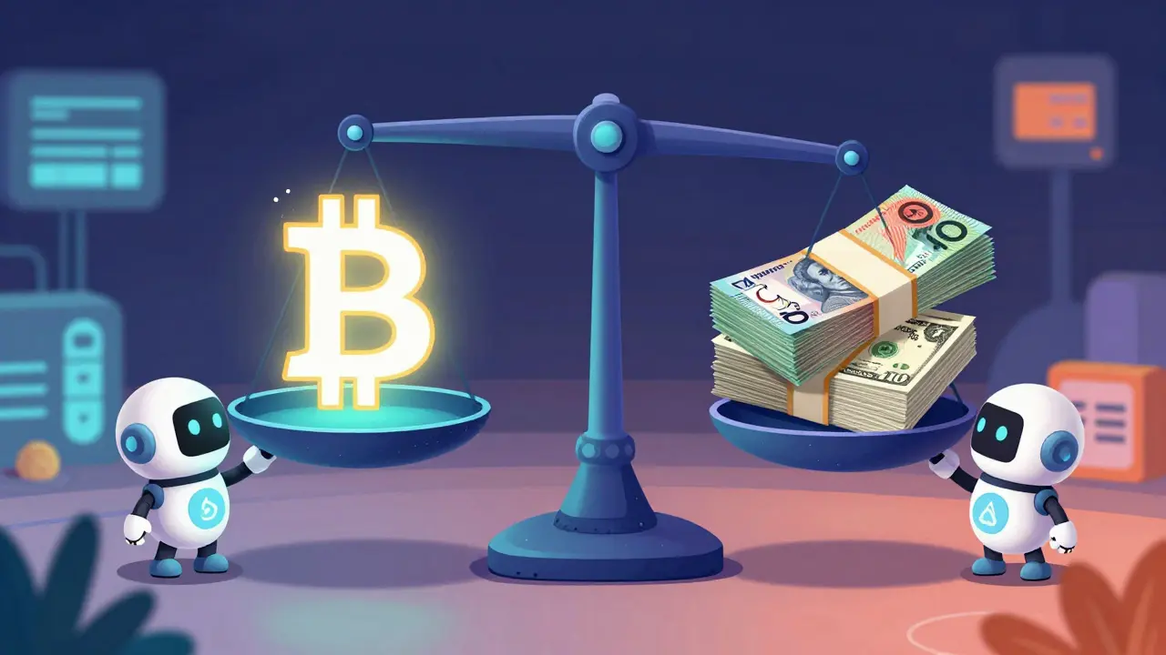 Digital scale balancing Bitcoin with AUD and USD currencies
