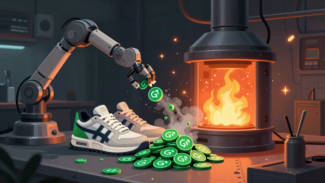 Futuristic sneakers being repaired while green tokens are burned in a digital furnace