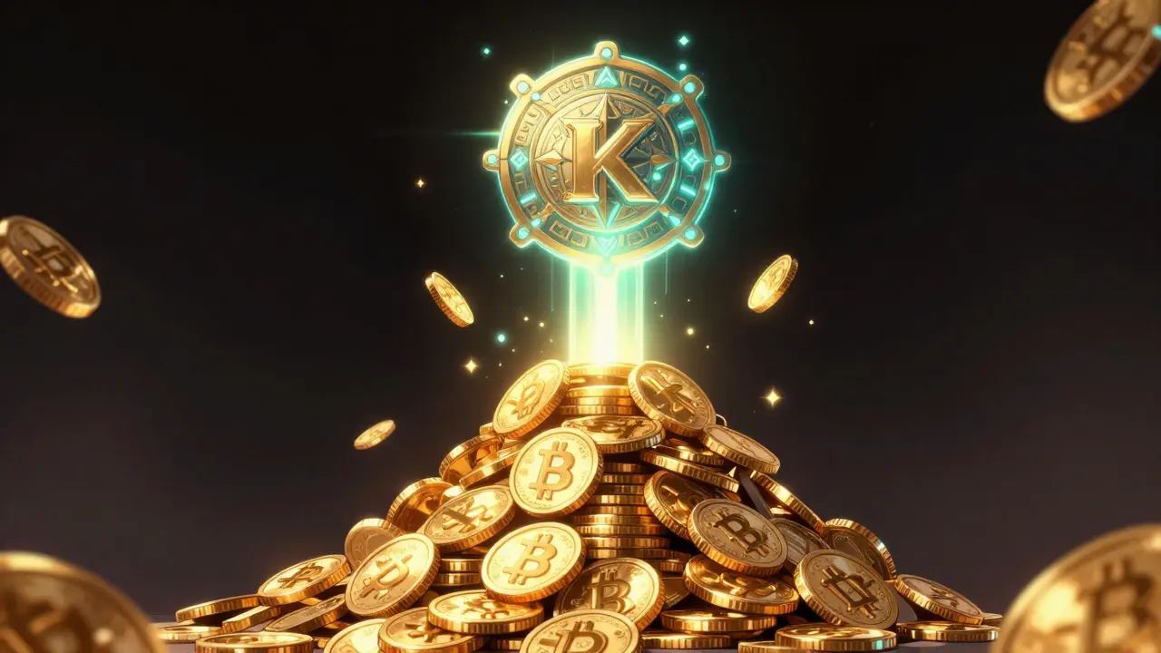 Glowing digital NFT badge multiplying a stack of gold coins in a dark void.