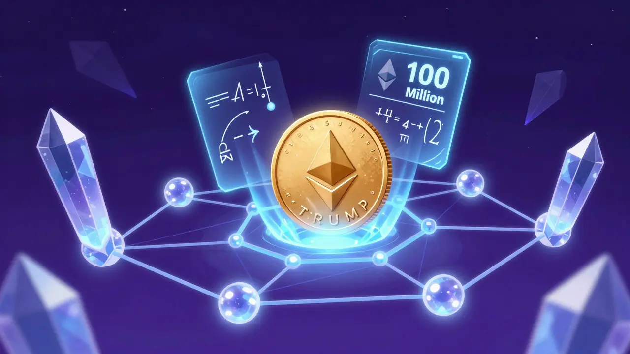 Gold $TRUMP coin being formed within a glowing blue Ethereum blockchain network.