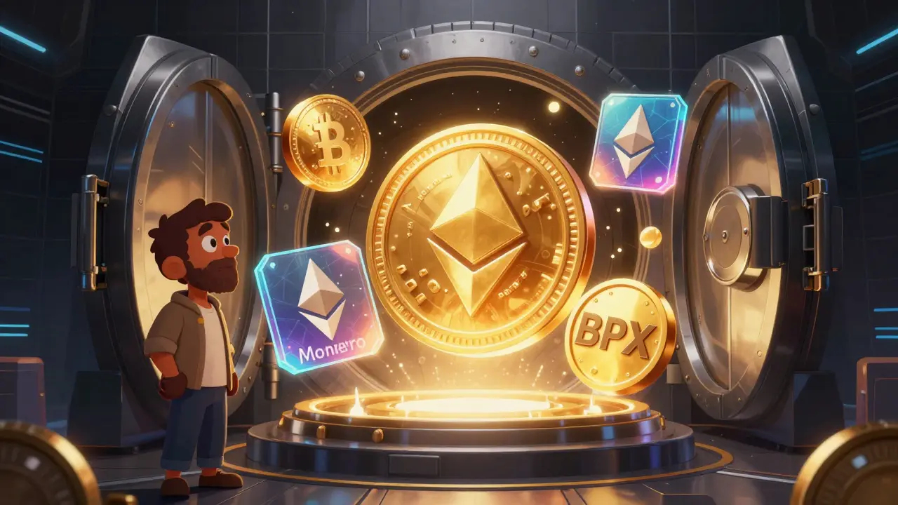 Holographic cryptocurrency icons including Bitcoin and BPX token in a high-tech vault