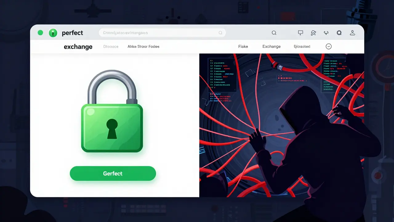 Illustration showing a fake crypto website's professional exterior versus its malicious internal code.