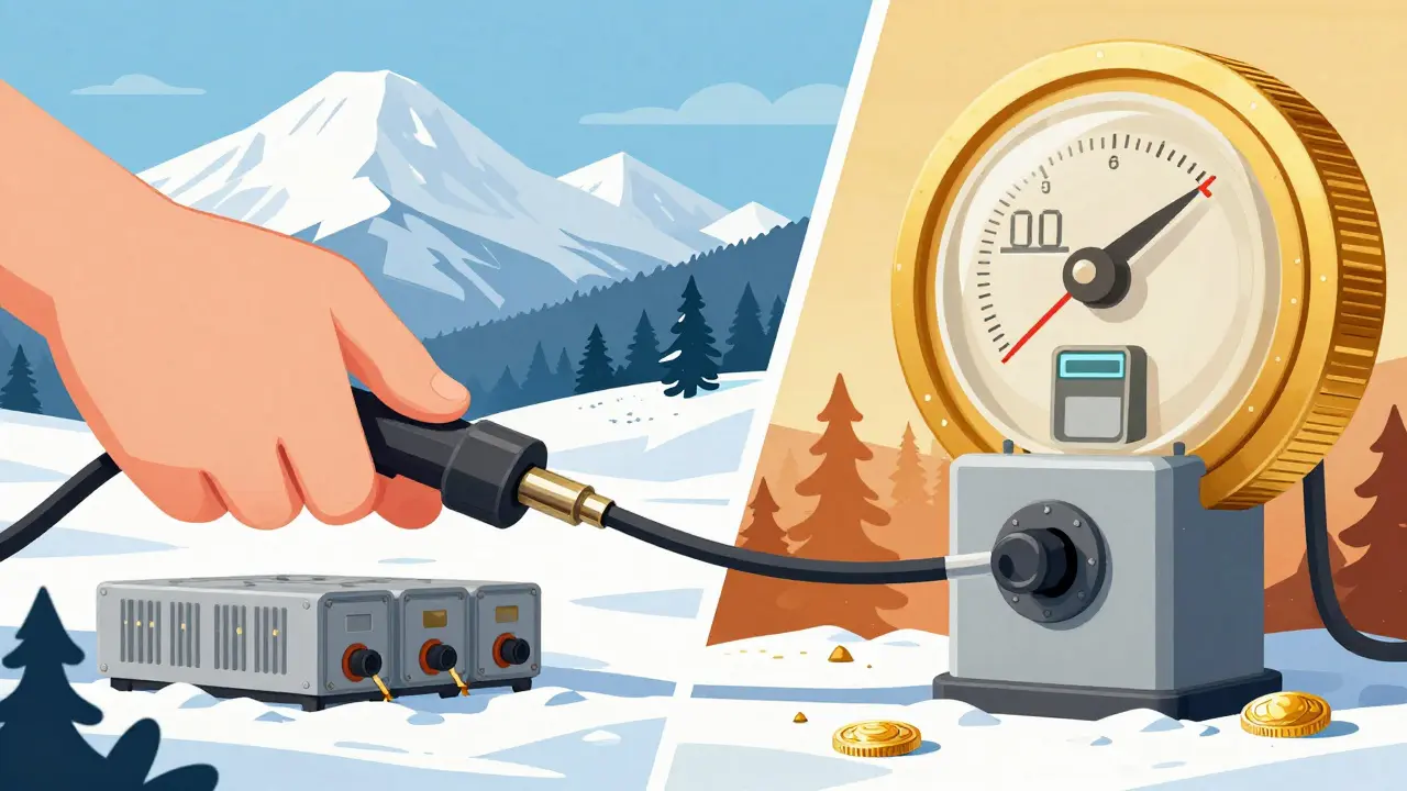 Split illustration showing crypto mining restrictions in BC and premium rates in Quebec.